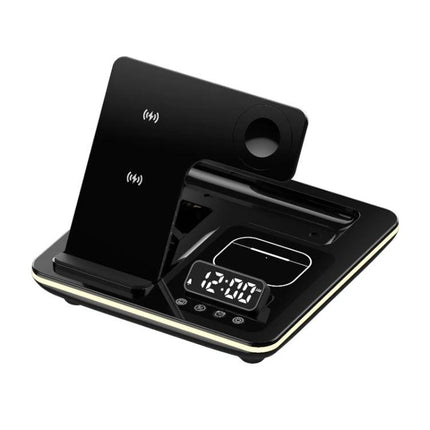 Desk Charger Stand for Everyday Device Charging at Home - black 3-in-1 wireless charging dock with phone holder, watch pad, and LED clock