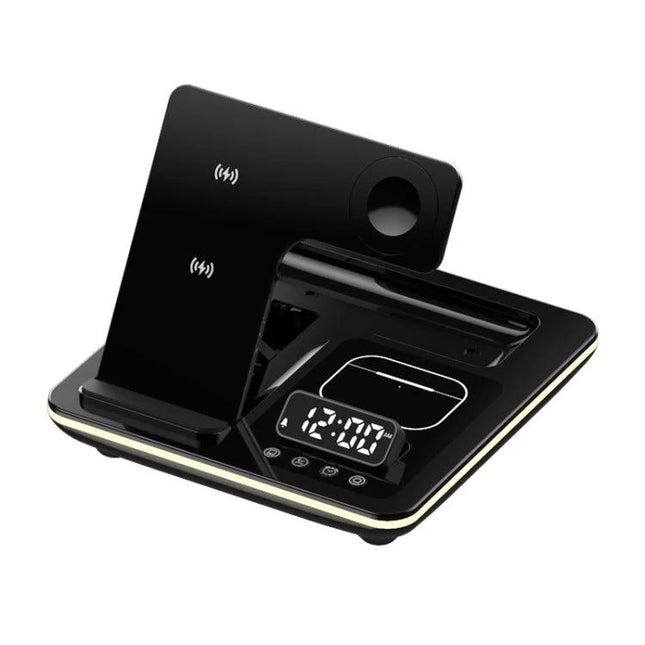 Desk Charger Stand for Everyday Device Charging at Home - black 3-in-1 wireless charging dock with phone holder, watch pad, and LED clock