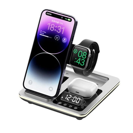 Desk Charger Stand for Everyday Device Charging at Home with phone stand, smartwatch dock, wireless earbuds pad and digital clock