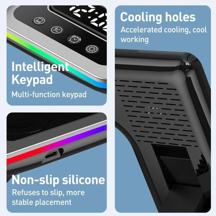 Desk Charger Stand for Everyday Device Charging at Home with intelligent keypad, cooling holes, non-slip silicone and RGB strip
