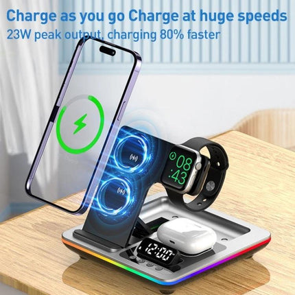 Desk Charger Stand for Everyday Device Charging at Home with phone, watch and earbuds charging on a nightstand