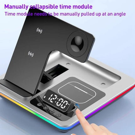 Desk Charger Stand for Everyday Device Charging at Home with collapsible phone holder, watch pad, wireless charging area and LED clock display