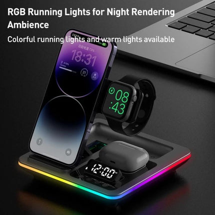 Desk Charger Stand for Everyday Device Charging at Home with phone, watch, earbuds and RGB running lights on nightstand