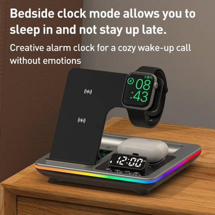 Desk Charger Stand for Everyday Device Charging at Home on nightstand holding phone, watch and earbuds with bedside clock display
