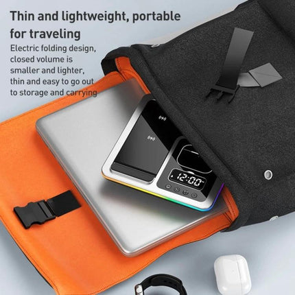 Desk Charger Stand for Everyday Device Charging at Home on a backpack nightstand setup showing phone, wireless charger, laptop and earbuds