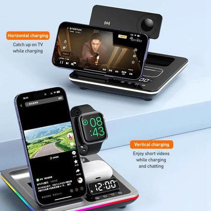 Desk Charger Stand for Everyday Device Charging at Home showing phone, watch and earbuds charging on a nightstand with phone in horizontal and vertical viewing modes