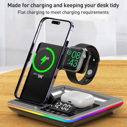 Desk Charger Stand for Everyday Device Charging at Home - 3-in-1 phone, watch, earbuds charging dock with nightstand holder and LED base