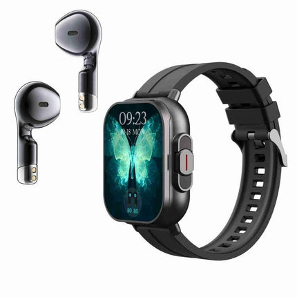 Comfortable Silicone Smart Watch for Everyday Connectivity with black strap and matching wireless earbuds, heart-rate and activity tracking image