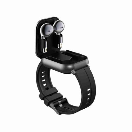 Comfortable Silicone Smart Watch for Everyday Connectivity showing black silicone band with top charging case open and earbuds placed inside