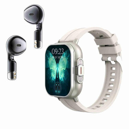 Comfortable Silicone Smart Watch for Everyday Connectivity shown in white with heart-rate display and wireless earbuds