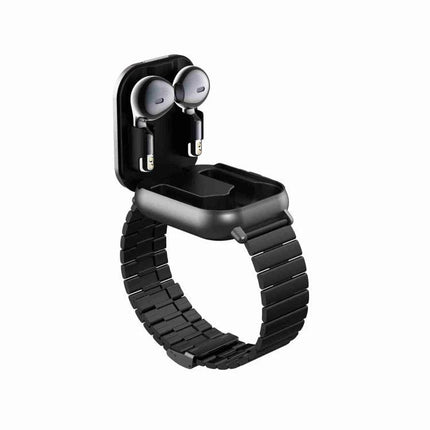 Stylish Smart Watch for Everyday Health Tracking and Connectivity showing black watch with built-in earbuds, step and heart rate monitoring and QR pairing