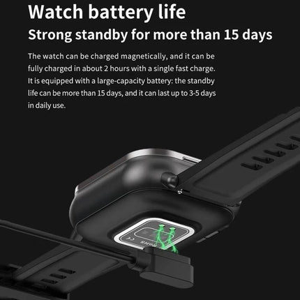 Stylish Smart Watch for Everyday Health Tracking and Connectivity showing magnetic charging port and long battery life