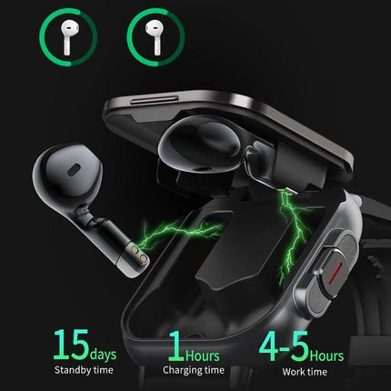 Stylish Smart Watch for Everyday Health Tracking and Connectivity displaying earbuds charging case and battery life indicators