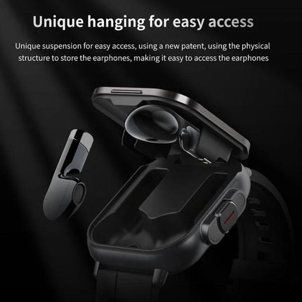 Stylish Smart Watch for Everyday Health Tracking and Connectivity showing watch with unique hanging earphone storage and one-click QR connection