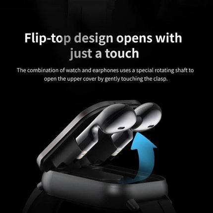 Stylish Smart Watch for Everyday Health Tracking and Connectivity with flip-top case opening to reveal built-in earbuds and one-touch QR pairing