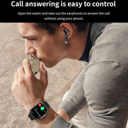 Stylish Smart Watch for Everyday Health Tracking and Connectivity showing call notification and one-click QR pairing on wrist while user answers with earbud