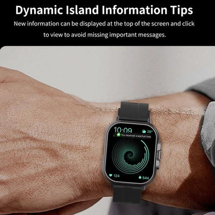 Stylish Smart Watch for Everyday Health Tracking and Connectivity showing heart rate, steps and notifications on wrist with Dynamic Island tips