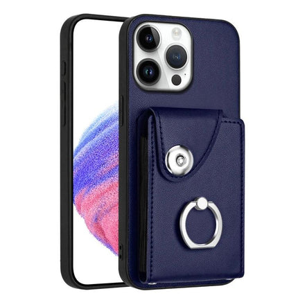Organ Card Bag Ring Holder Case For iPhone 16 Series With 6 Card Slots navy PU leather wallet case with ring holder and 6-card pocket