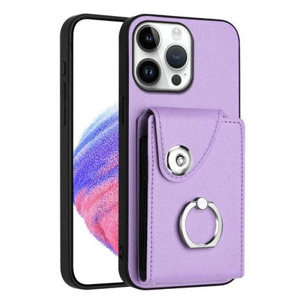 Organ Card Bag Ring Holder Case For iPhone 16 Series With 6 Card Slots - purple PU+TPU protective wallet case with ring holder and 6 card slots