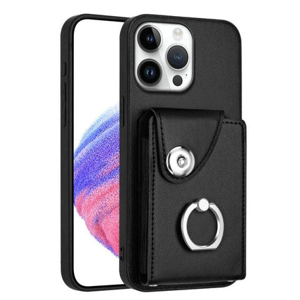 Organ Card Bag Ring Holder Case For iPhone 16 Series With 6 Card Slots - black PU leather wallet case with ring stand