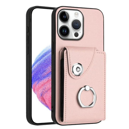 Organ Card Bag Ring Holder Case For iPhone 16 Series With 6 Card Slots - pink PU wallet case with ring holder and 6 card slots
