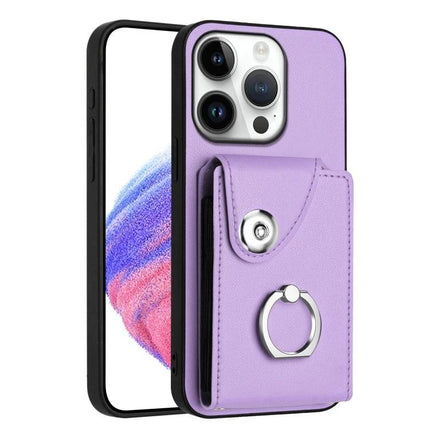 Organ Card Bag Ring Holder Case For iPhone 16 Series With 6 Card Slots - lavender PU card wallet with ring kickstand and camera protection