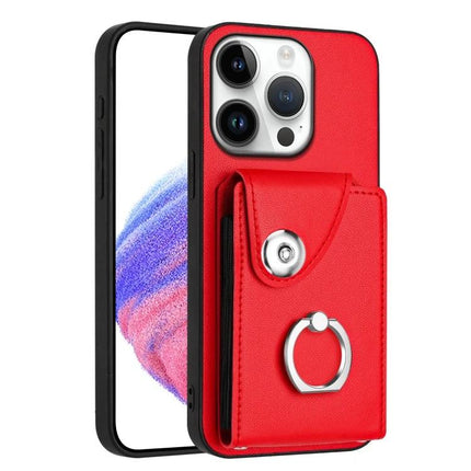 Organ Card Bag Ring Holder Case For iPhone 16 Series With 6 Card Slots red PU wallet case with ring stand and 6 card slots