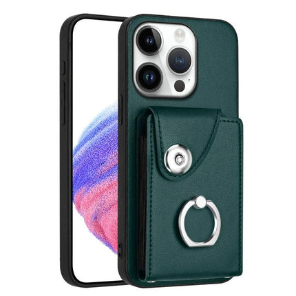 Organ Card Bag Ring Holder Case For iPhone 16 Series With 6 Card Slots - green PU TPU protective wallet case with ring holder and 6 card slots