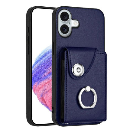 Organ Card Bag Ring Holder Case For iPhone 16 Series With 6 Card Slots navy PU leather card pocket with ring stand and protective TPU bumper