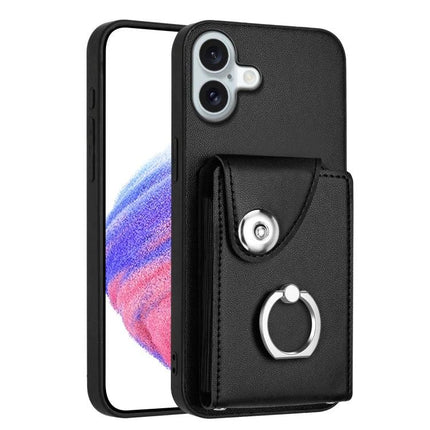 Organ Card Bag Ring Holder Case For iPhone 16 Series With 6 Card Slots - black PU leather wallet case with ring kickstand and snap pocket
