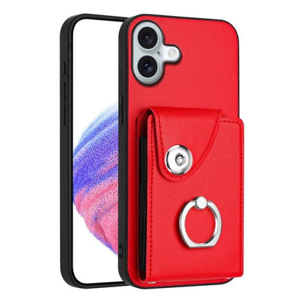 Organ Card Bag Ring Holder Case For iPhone 16 Series With 6 Card Slots - red PU leather wallet case with ring holder and 6 card slots