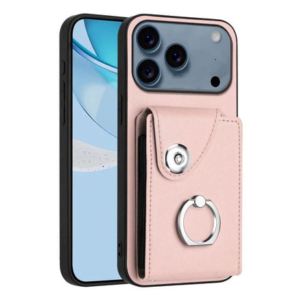 Card Holder Ring Phone Case For iPhone 17 Pro Max, 17 Pro, 17, Air - pink PU wallet case with ring holder and card storage
