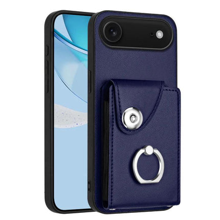 Organ Card Bag Ring Holder Case For iPhone 16 Series With 6 Card Slots navy PU leather wallet case with ring stand and 6 card slots