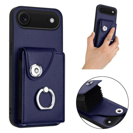 Organ Card Bag Ring Holder Case For iPhone 16 Series With 6 Card Slots - navy PU TPU wallet case with ring holder and 6-card accordion pocket