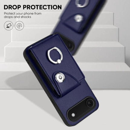 Organ Card Bag Ring Holder Case For iPhone 16 Series With 6 Card Slots navy blue PU TPU protective case with ring holder and 6 card slots