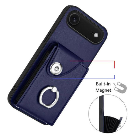 Organ Card Bag Ring Holder Case For iPhone 16 Series With 6 Card Slots - navy PU leather back with 6-card pocket, ring kickstand and built-in magnet