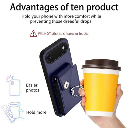 Organ Card Bag Ring Holder Case For iPhone 16 Series With 6 Card Slots shown in navy with ring holder, 6 card slots, cup-holding hand and camera access