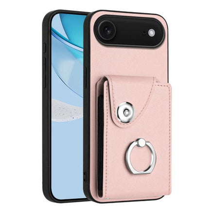 Organ Card Bag Ring Holder Case For iPhone 16 Series With 6 Card Slots - pink PU TPU protective wallet case with ring stand and 6 card slots