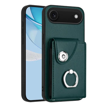 Organ Card Bag Ring Holder Case For iPhone 16 Series With 6 Card Slots green PU TPU wallet case with ring holder and 6 card slots