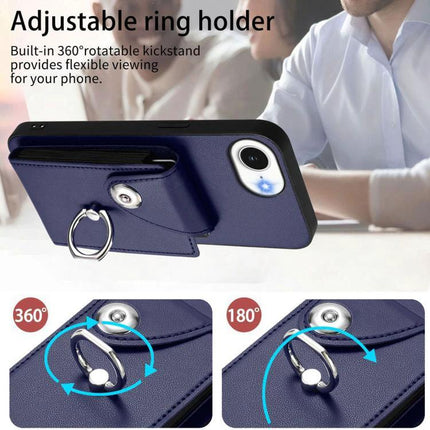 Card Holder Ring Phone Case For iPhone 17 Pro Max, 17 Pro, 17, Air showing adjustable ring holder and card storage in navy PU case