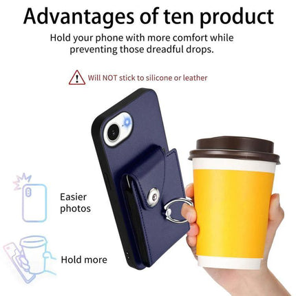 Card Holder Ring Phone Case For iPhone 17 Pro Max, 17 Pro, 17, Air showing navy PU leather card pocket and ring holder holding a coffee cup