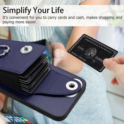 Card Holder Ring Phone Case For iPhone 17 Pro Max, 17 Pro, 17, Air showing card storage and ring holder on navy PU case