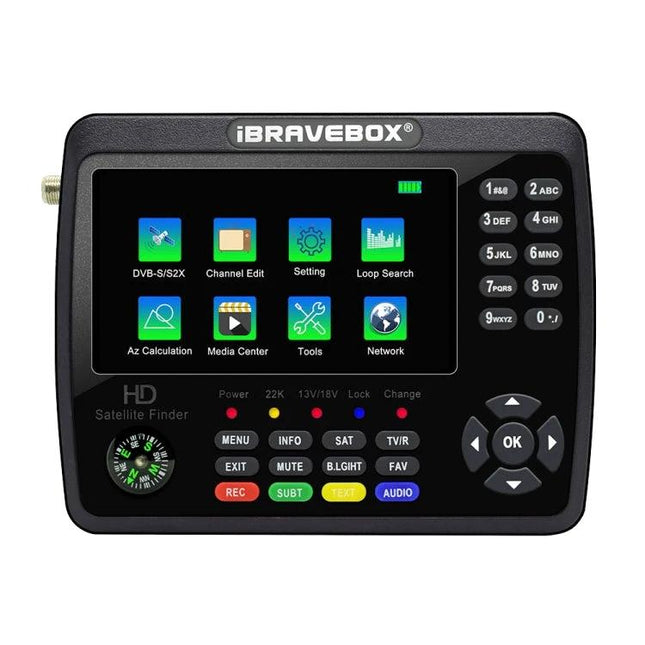 iBRAVEBOX Satellite Signal Finder with 4.3 Inch Display handheld device showing menu icons and control buttons