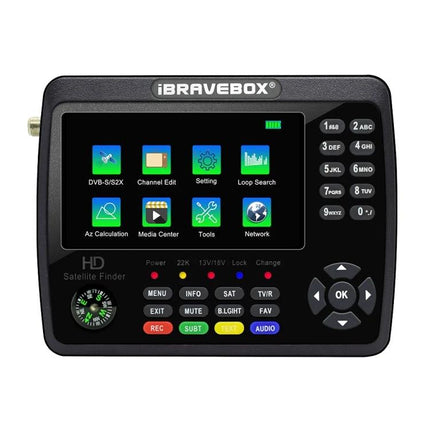 iBRAVEBOX Satellite Signal Finder with 4.3 Inch Display handheld device showing menu icons, buttons and screen for aligning satellite signals