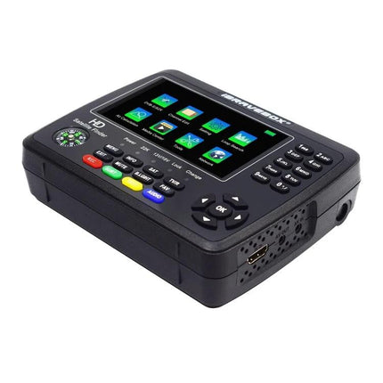 iBRAVEBOX Satellite Signal Finder with 4.3 Inch Display handheld device showing color screen and control buttons for satellite alignment