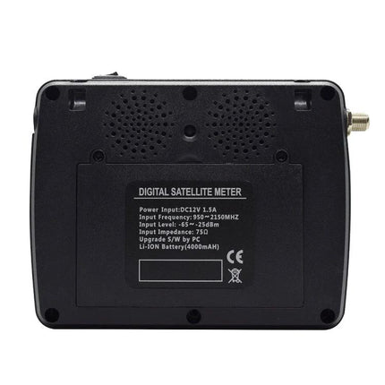 iBRAVEBOX Satellite Signal Finder with 4.3 Inch Display rear view showing connector, speakers and digital satellite meter label