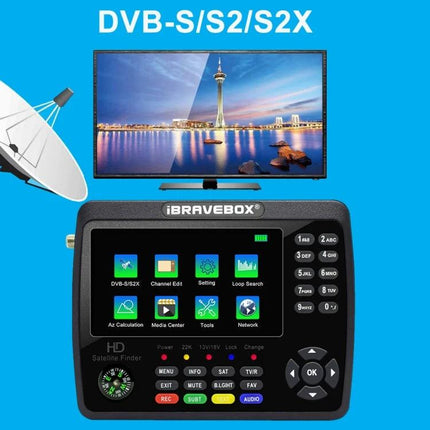 iBRAVEBOX Satellite Signal Finder with 4.3 Inch Display handheld device showing menu screen and TV for satellite dish alignment