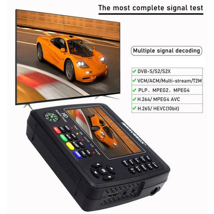 iBRAVEBOX Satellite Signal Finder with 4.3 Inch Display handheld device showing signal decoding and TV feed for satellite dish alignment