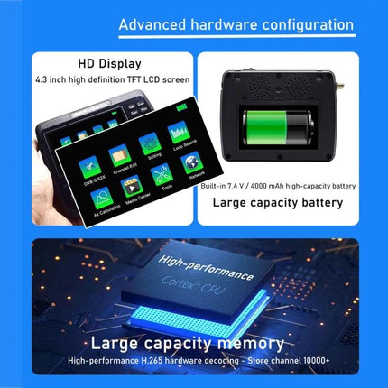 iBRAVEBOX Satellite Signal Finder with 4.3 Inch Display showing HD TFT screen, menu icons, battery and hardware highlights
