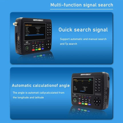 iBRAVEBOX Satellite Signal Finder with 4.3 Inch Display showing device front view and screen illustrating quick search and automatic angle calculation